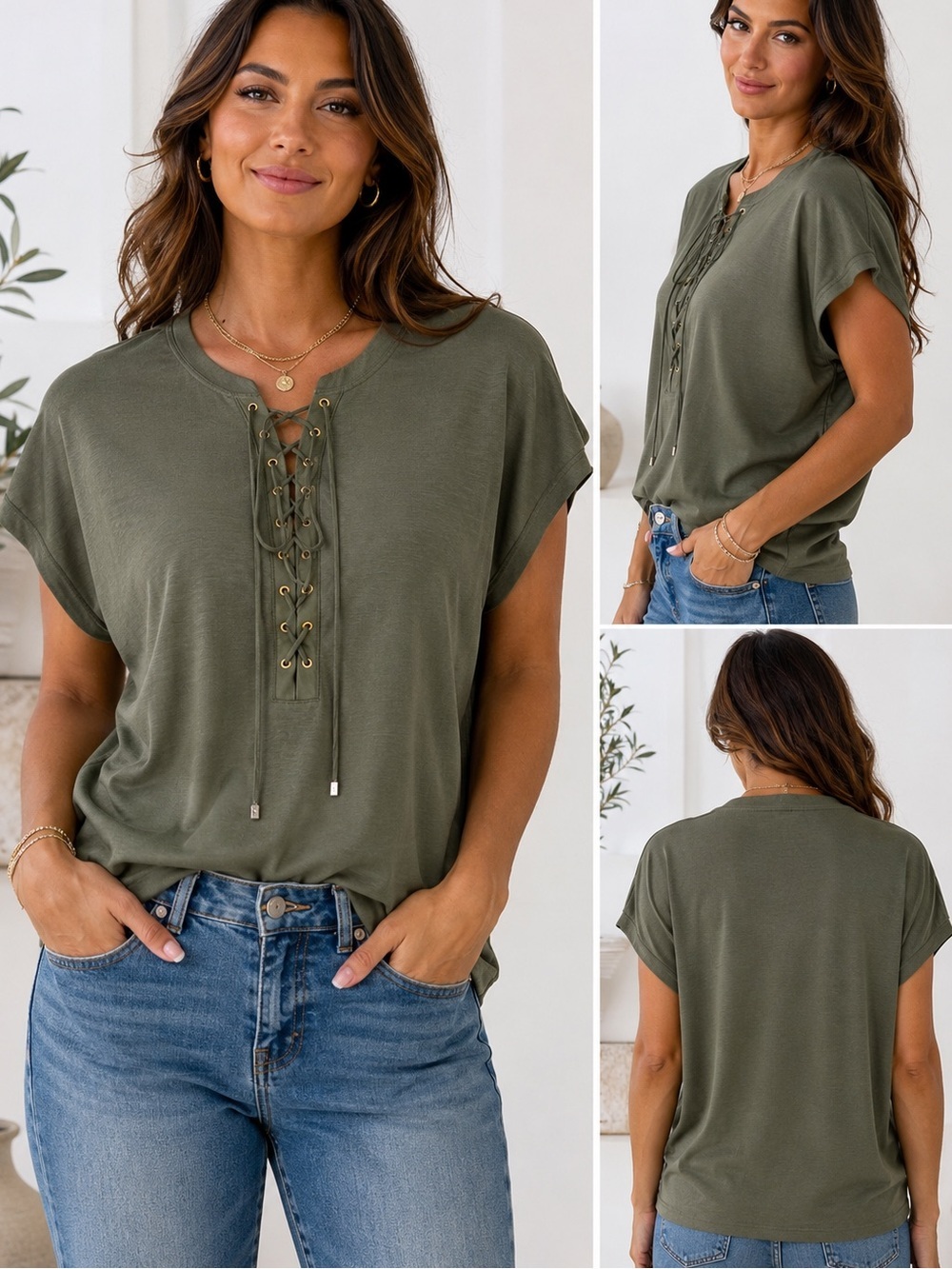 White House Black Market Olive Lace-Up Grommet Tee